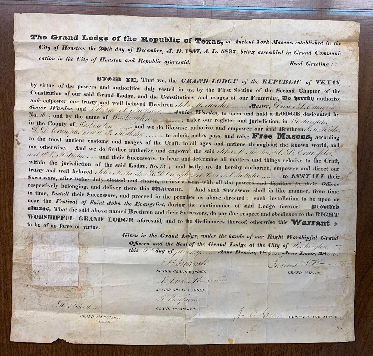 Original Charter of Washington Lodge #18 from the Grand Lodge of the Republic of Texas in 1844